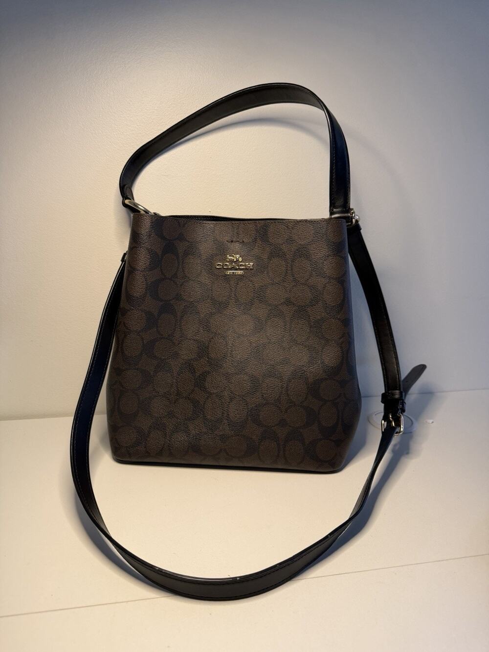 Coach Mollie Signature Brown Black Canvas Crossbody Shoulder Tote Bucket Bag EUC